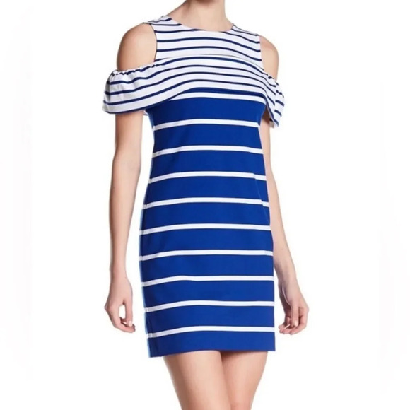 Vince Camuto blue/white contacting stripe cold shoulder short sleeve sheath midi - Picture 1 of 6